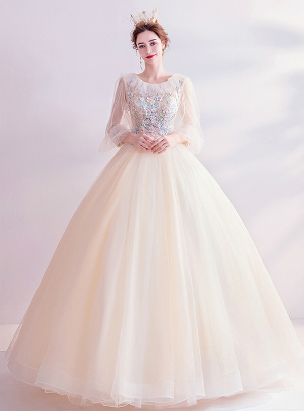 In Stock:Ship in 48 Hours Tulle Long Sleeve Appliques Wedding Dress