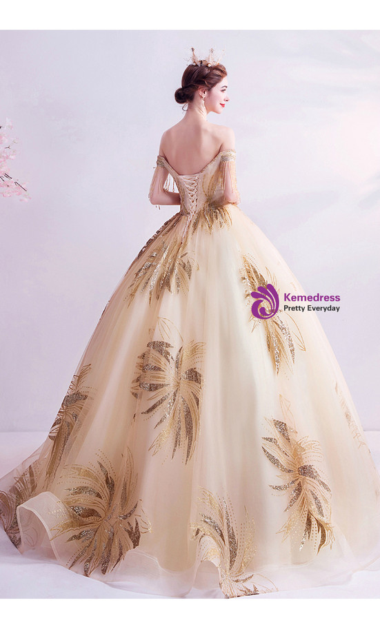 In Stock:Ship in 48 Hours Gold Tulle Sequins Beading Wedding Dress