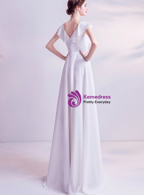 In Stock:Ship in 48 Hours White Chiffon Wedding Dress With Split