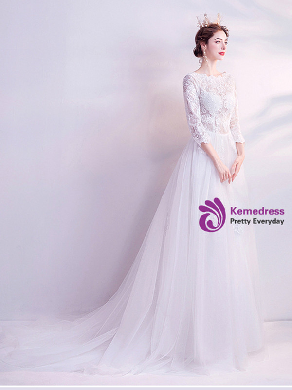 In Stock:Ship in 48 Hours White Tulle Lace Appliques Wedding Dress