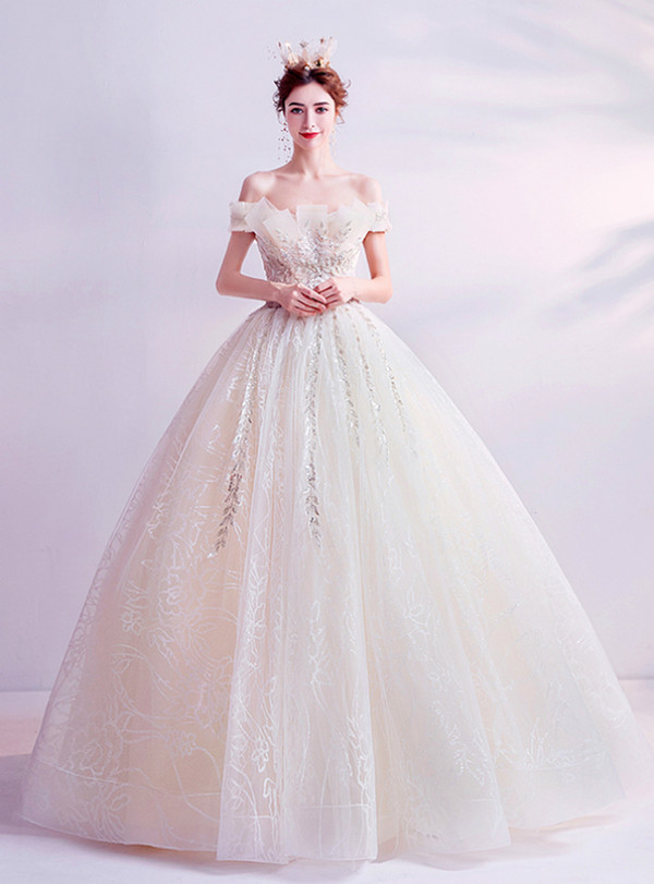 In Stock:Ship in 48 Hours Tulle Sequins Appliques Wedding Dress