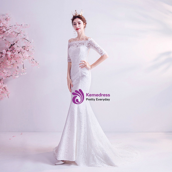 In Stock:Ship in 48 Hours White Mermaid Lace Short Sleeve Wedding Dress