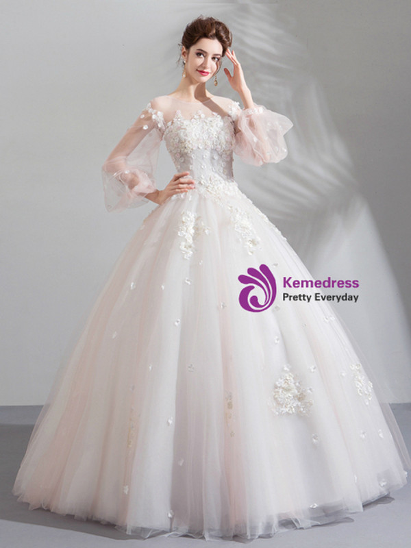 In Stock:Ship in 48 Hours Tulle Puff Sleeve Appliques Wedding Dress