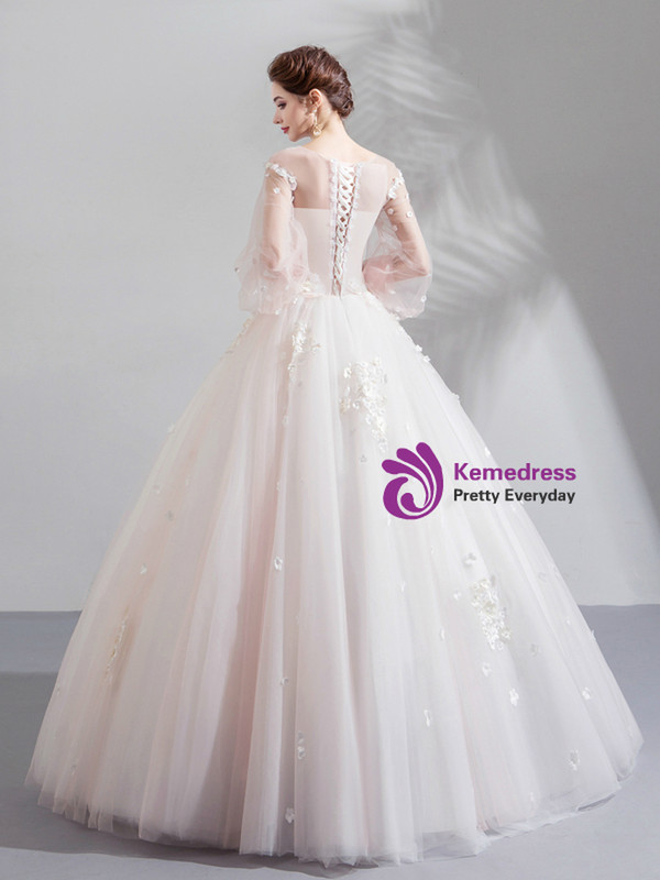 In Stock:Ship in 48 Hours Tulle Puff Sleeve Appliques Wedding Dress