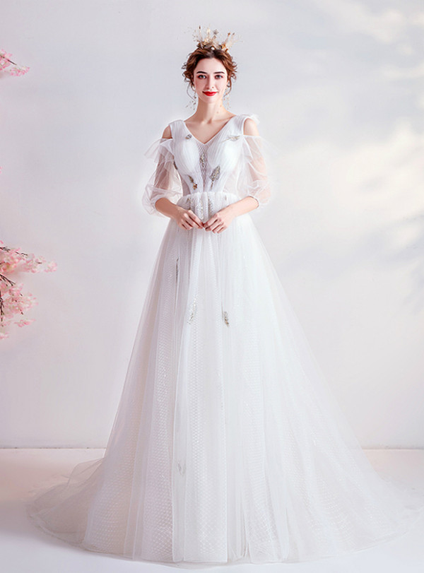 In Stock:Ship in 48 Hours V-neck Long Sleeve Pleats Wedding Dress