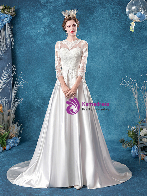 In Stock:Ship in 48 Hours Satin Appliques Long Sleeve Wedding Dress