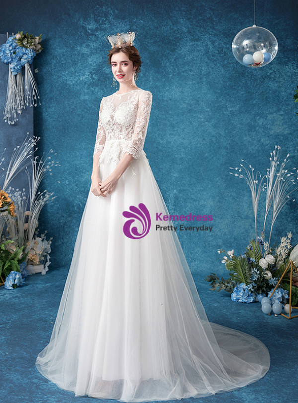 In Stock:Ship in 48 Hours White Tulle Lace Sexy Top Wedding Dress