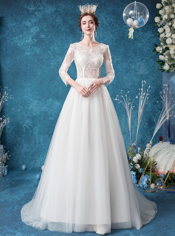 In Stock:Ship in 48 Hours Illusion White Tulle Appliques Wedding Dress