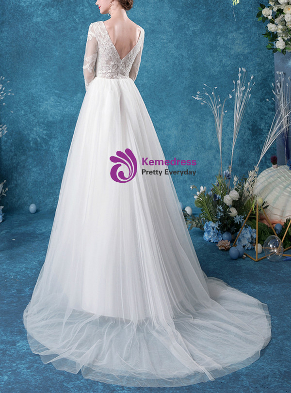 In Stock:Ship in 48 Hours Illusion White Tulle Appliques Wedding Dress