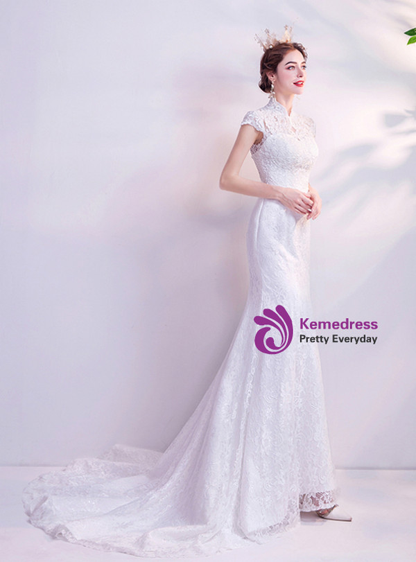 In Stock:Ship in 48 Hours White Mermaid Lace High Neck Wedding Dress