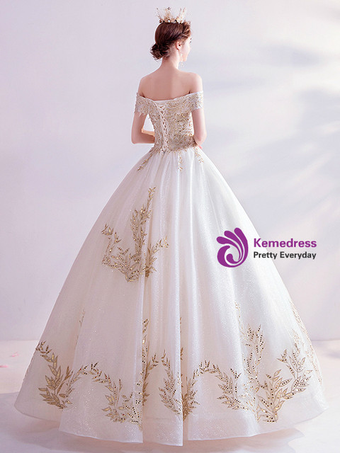 In Stock:Ship in 48 Hours Tulle Gold Appliques Wedding Dress