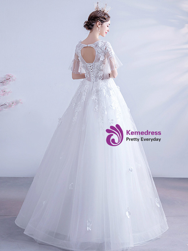In Stock:Ship in 48 Hours White Tulle 3D Appliques Sequins Wedding Dress