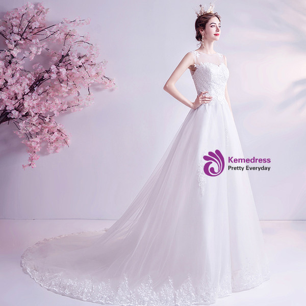 In Stock:Ship in 48 Hours White Tulle Lace Scoop  Wedding Dress