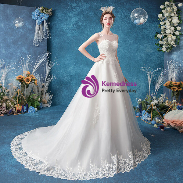 In Stock:Ship in 48 hours Sweep Train Scoop Tulle Wedding Dress
