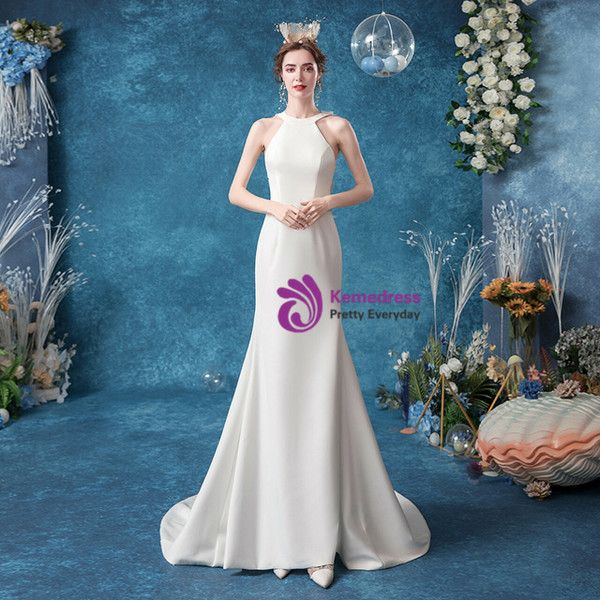 In Stock:Ship in 48 hours White Halter Satin Wedding Dress