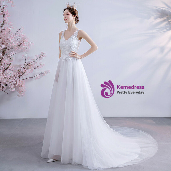 In Stock:Ship in 48 hours White Tulle Lace Sleeveless Wedding Dress