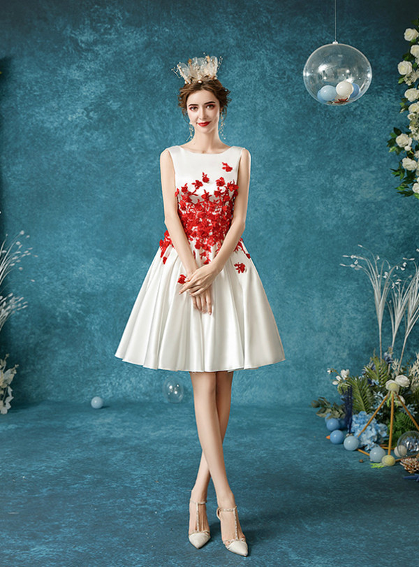 In Stock:Ship in 48 Hours White Satin Knee Length Wedding Dress