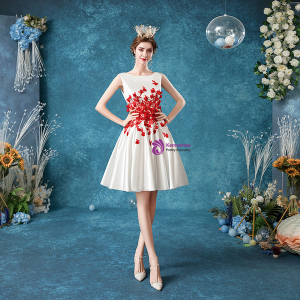 In Stock:Ship in 48 Hours White Satin Knee Length Wedding Dress