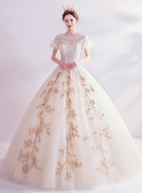 In Stock:Ship in 48 Hours Champagne Tulle Backless Wedding Dress