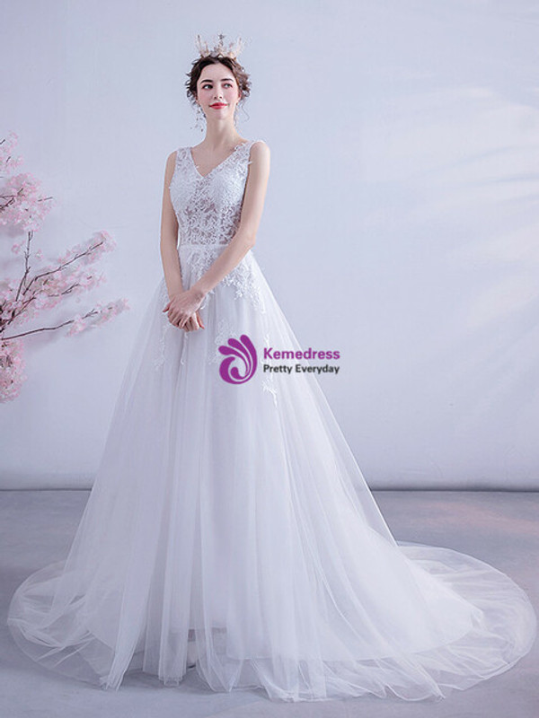 In Stock:Ship in 48 Hours White V-neck Appliques Wedding Dress