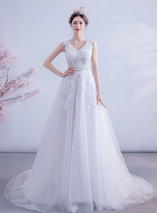 In Stock:Ship in 48 Hours White V-neck Appliques Wedding Dress