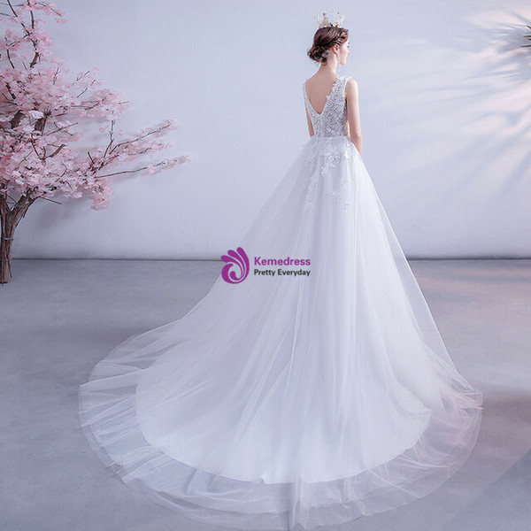 In Stock:Ship in 48 Hours White V-neck Appliques Wedding Dress