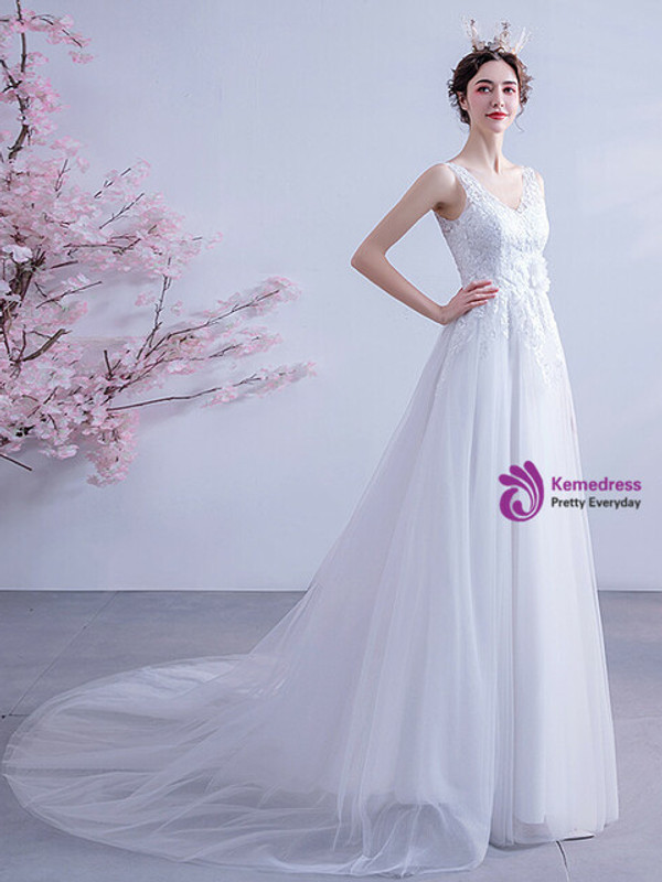 In Stock:Ship in 48 Hours Simple White V-neck Wedding Dress
