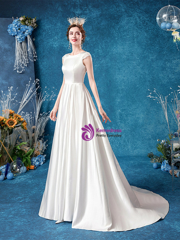 In Stock:Ship in 48 Hours White Satin Lace Back Wedding Dress