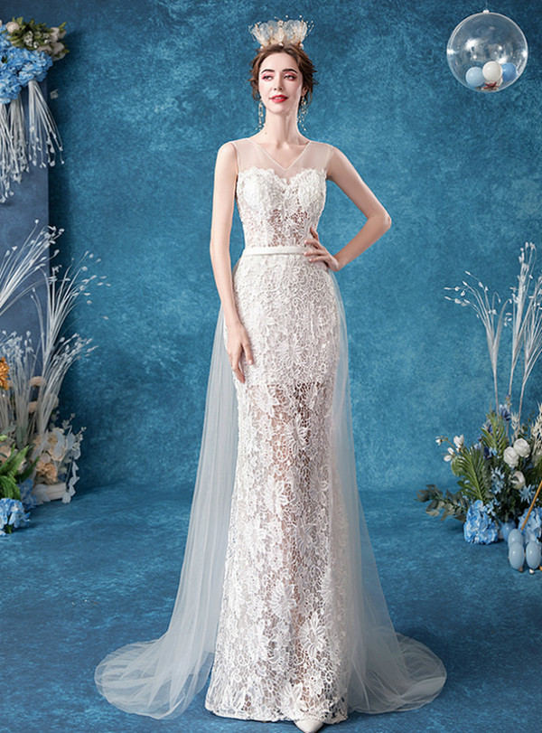 In Stock:Ship in 48 Hours Illusion White Lace Wedding Dress