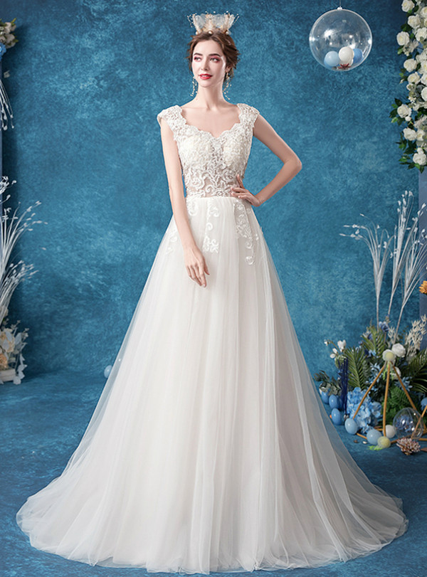 In Stock:Ship in 48 Hours Stylish White Tulle Appliques Wedding Dress