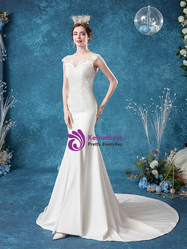 In Stock:Ship in 48 Hours White Illusion Backless Appliques Wedding Dress