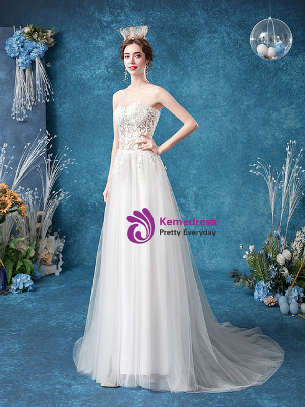 In Stock:Ship in 48 Hours White Strapless Appliques Wedding Dress