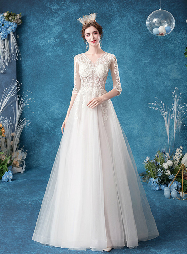 In Stock:Ship in 48 Hours White Tulle V-neck Wedding Dress