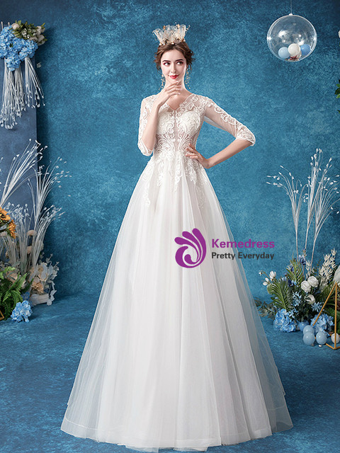 In Stock:Ship in 48 Hours White Tulle V-neck Wedding Dress