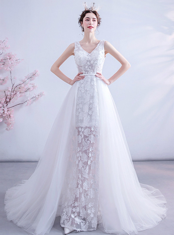 In Stock:Ship in 48 Hours White V-neck Tulle Appliques Wedding Dress