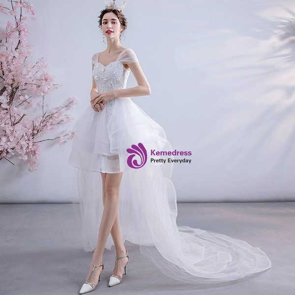 In Stock:Ship in 48 Hours White Hi Lo Appliques Wedding Dress