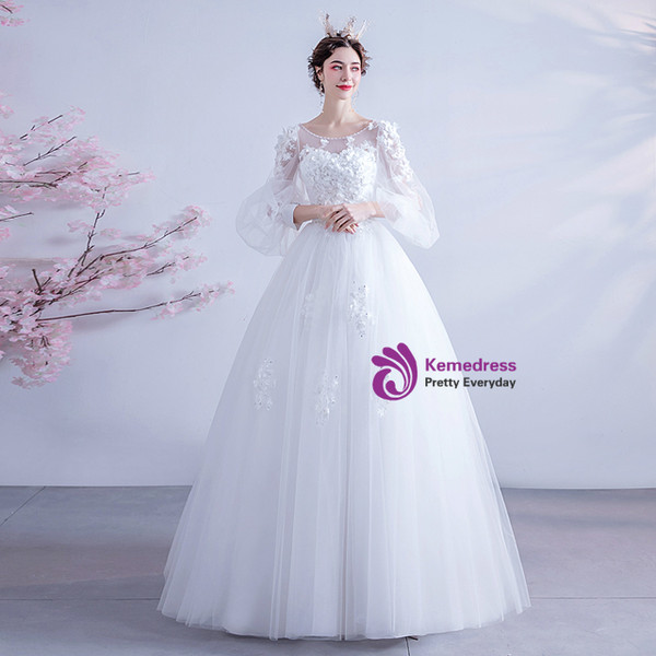 In Stock:Ship in 48 Hours White Tulle Appliques Puff Sleeve Wedding Dress