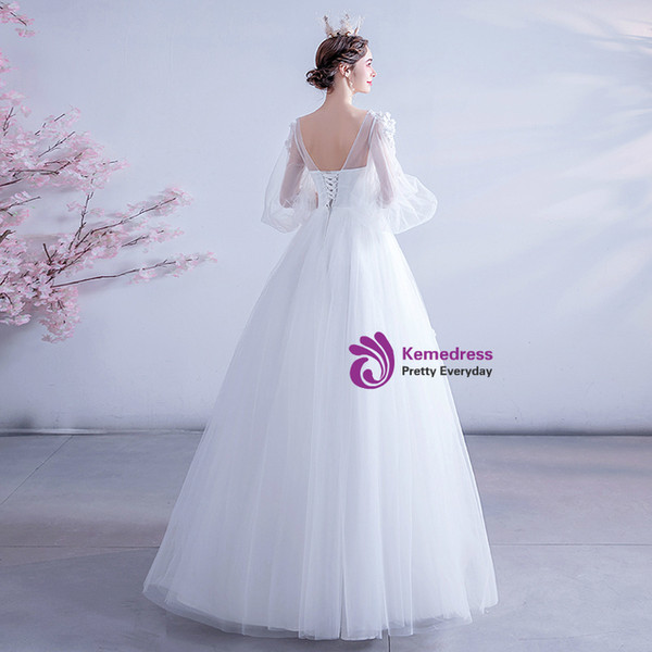 In Stock:Ship in 48 Hours White Tulle Appliques Puff Sleeve Wedding Dress