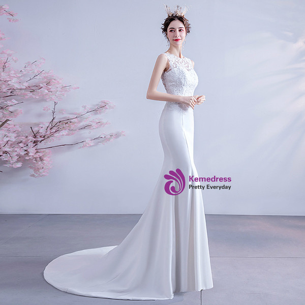In Stock:Ship in 48 Hours White Mermaid Satin Appliques Wedding Dress