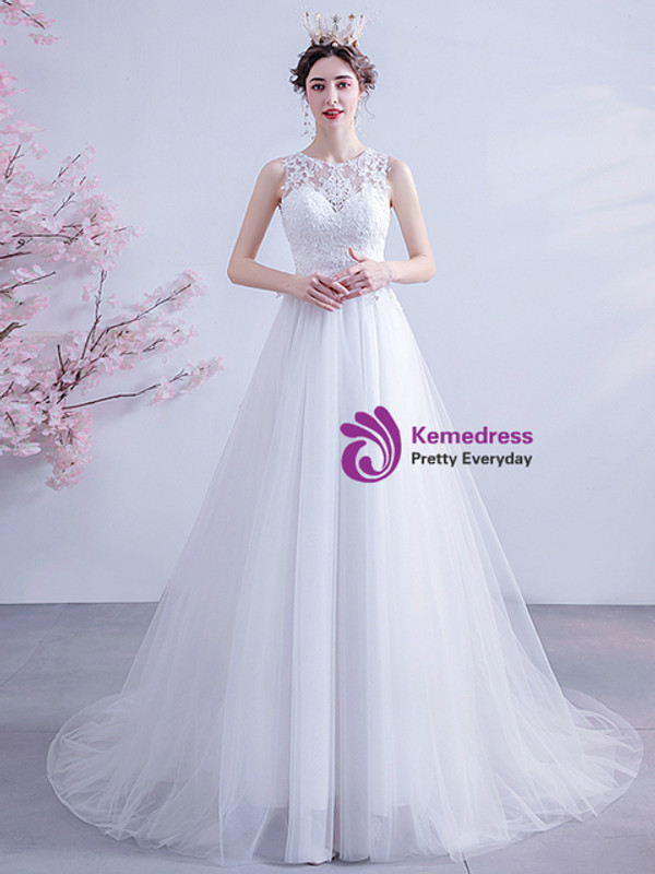 In Stock:Ship in 48 Hours White Scoop Tulle Appliques Wedding Dress