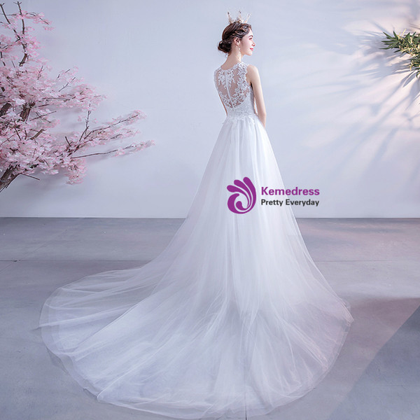 In Stock:Ship in 48 Hours White Scoop Tulle Appliques Wedding Dress