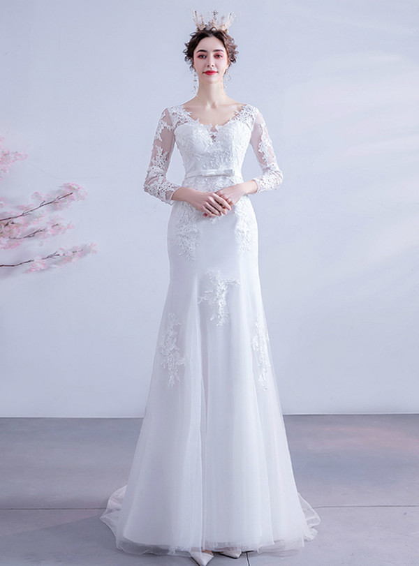 In Stock:Ship in 48 Hours White Mermaid Long Sleeve Wedding Dress