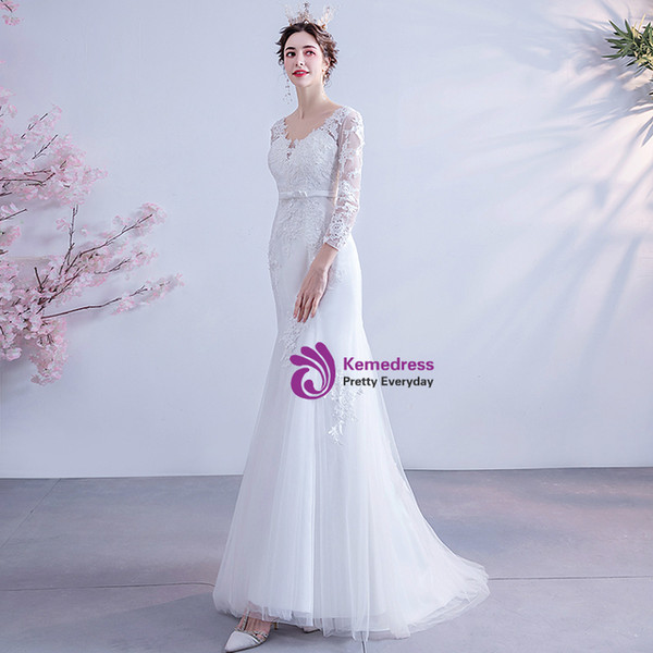 In Stock:Ship in 48 Hours White Mermaid Long Sleeve Wedding Dress