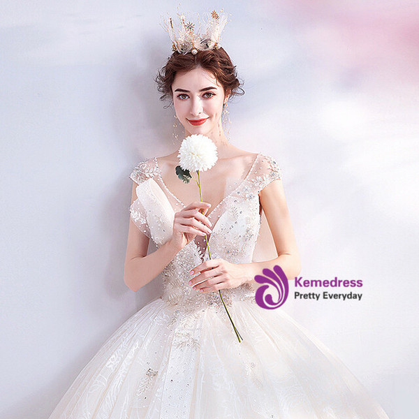 In Stock:Ship in 48 Hours White Tulle Sequins V-neck Beading Wedding Dress