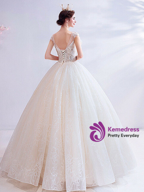 In Stock:Ship in 48 Hours White Tulle Sequins V-neck Beading Wedding Dress
