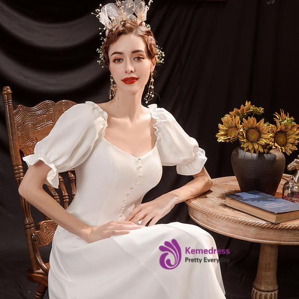 In Stock:Ship in 48 Hours White Puff Sleeve Short Wedding Dress