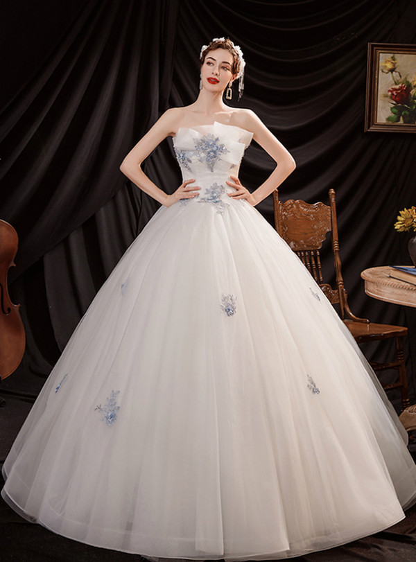 In Stock:Ship in 48 Hours White Tulle Blue Appliques Beading Wedding Dress