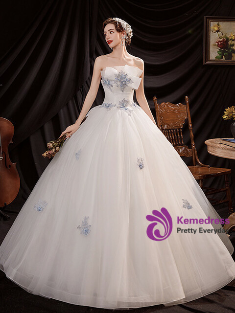 In Stock:Ship in 48 Hours White Tulle Blue Appliques Beading Wedding Dress