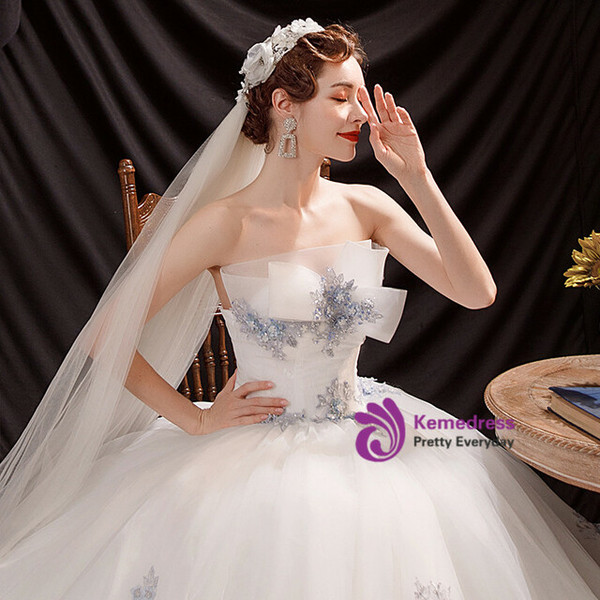 In Stock:Ship in 48 Hours White Tulle Blue Appliques Beading Wedding Dress