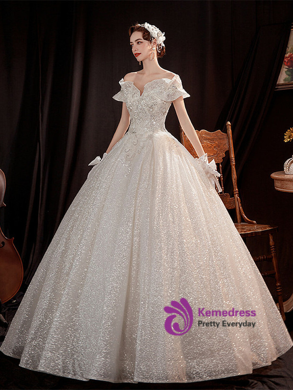 In Stock:Ship in 48 Hours White Sequins Beading Wedding Dress